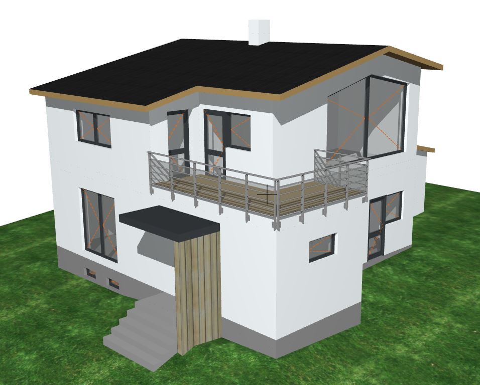 Vizualizace rodinného domu po rekonstrukci – sedlová střecha s plechovou krytinou, nová přístavba garáže a zvětšený obývací pokoj, fasáda s kontaktním zateplením.