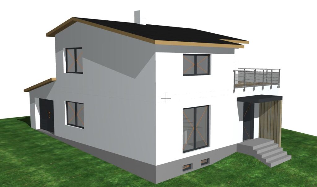 Vizualizace rodinného domu po rekonstrukci – sedlová střecha s plechovou krytinou, nová přístavba garáže a zvětšený obývací pokoj, fasáda s kontaktním zateplením.