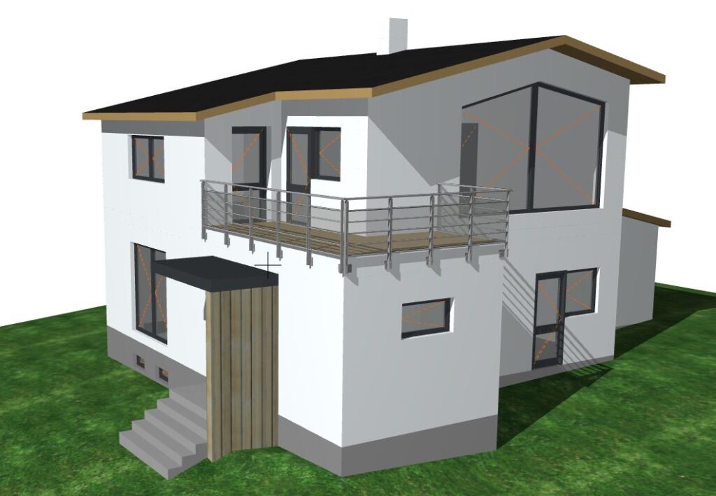 Vizualizace rodinného domu po rekonstrukci – sedlová střecha s plechovou krytinou, nová přístavba garáže a zvětšený obývací pokoj, fasáda s kontaktním zateplením.